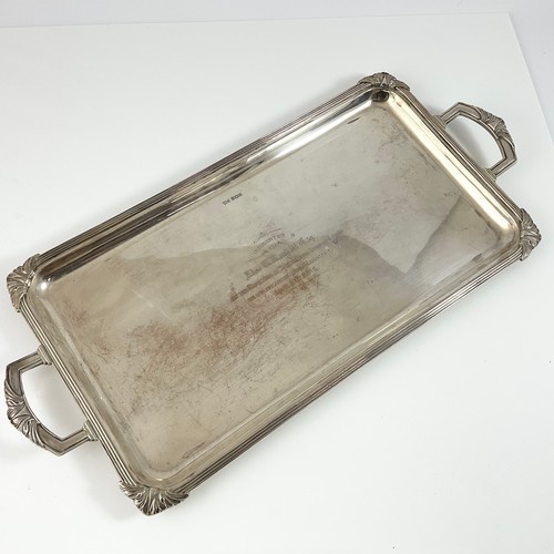 414 - RECTANGULAR HEAVY GAUGE SILVER TRAY WITH PRESENTATION INSCRIPTION, APPROX. 55 X 25 cm OVERALL, APPRO... 