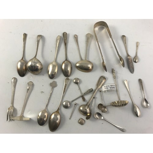 410 - HALLMARKED SILVER SPOONS TONG ETC APPROX  290g