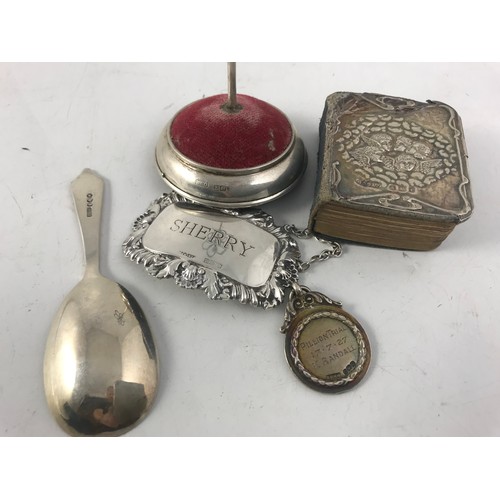 358 - MIXED HALLMARKED SILVER INC BOTTLE TICKET, CADDY SPOON , HATPIN STAND ETC