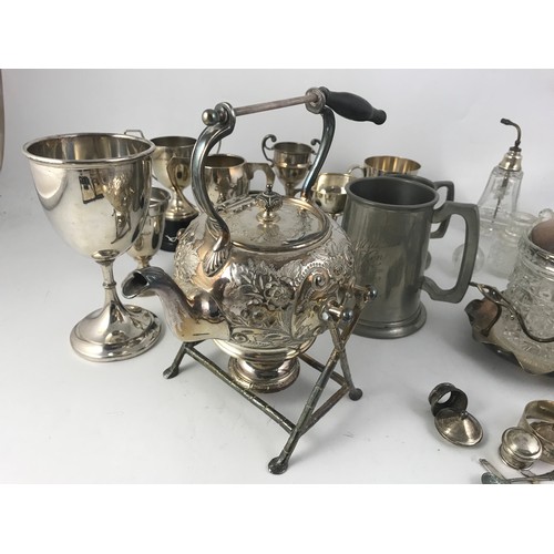 330 - SILVER PLATE INC CASED SPOONS, SPIRIT KETTLE & BURNER , THROPHIES ETC