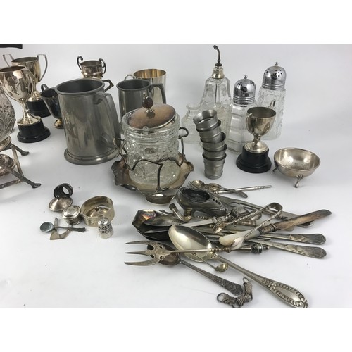 330 - SILVER PLATE INC CASED SPOONS, SPIRIT KETTLE & BURNER , THROPHIES ETC