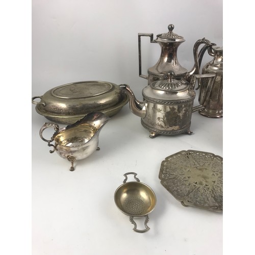 320 - SILVER PLATED WARE INC PIERCED TAZZA, COFFEE POT, HOT WATER JUG ETC