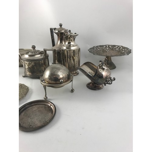 320 - SILVER PLATED WARE INC PIERCED TAZZA, COFFEE POT, HOT WATER JUG ETC