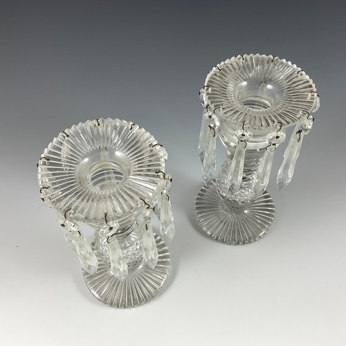 141 - A PAIR OF REGENCY ANGLO IRISH CUT GLASS LUSTRES, FAN CUT EDGE, RING AND KNOPPED BALUSTER STEM ON CIR... 