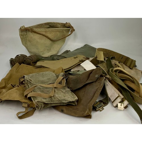 165 - MILITARIA INC. CANVAS SATCHELS, BELTS, CAPE/ GROUNDSHEET, CANVAS BUCKET ETC.