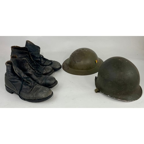 163 - 2 MILITARY HELMETS AND 2 PAIRS MILITARY BOOTS