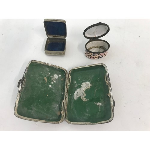 263 - GLASS DISPLAY BOX , ENAMEL BOX , BRASS EMBOSSED TRINKET BOX & TWO WHITE METAL BOXES