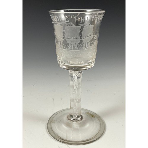 143 - AN 18TH CENTURY STYLE AIRTWIST WINE GLASS, THE BUCKET FORM BOWL ENGRAVED WITH A THREE MASTED SAILING... 