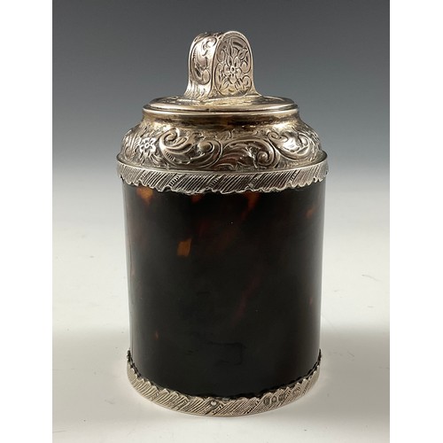 371 - A 19TH CENTURY SILVER MOUNTED GLASS LINED TORTOISESHELL JAR AND COVER, JOHN BATSON & SON, LONDON 189... 