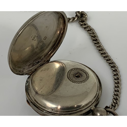 580 - SILVER CASED OPEN FACED POCKET WATCH AF AND FOB CHAIN