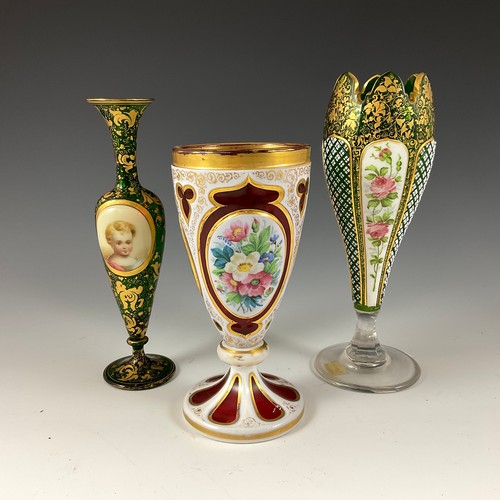 144 - THREE 19TH CENTURY BOHEMIAN COLOURED GLASS VASES INCLUDING A CASED GOBLET FORM VASE WITH OPAQUE GLAS... 