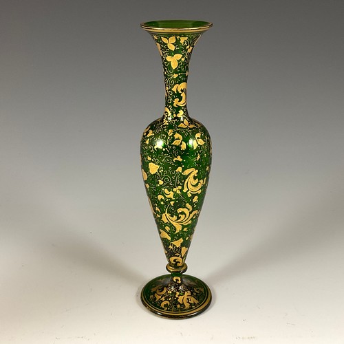 144 - THREE 19TH CENTURY BOHEMIAN COLOURED GLASS VASES INCLUDING A CASED GOBLET FORM VASE WITH OPAQUE GLAS... 