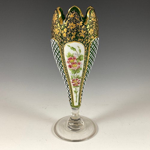 144 - THREE 19TH CENTURY BOHEMIAN COLOURED GLASS VASES INCLUDING A CASED GOBLET FORM VASE WITH OPAQUE GLAS... 