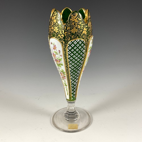 144 - THREE 19TH CENTURY BOHEMIAN COLOURED GLASS VASES INCLUDING A CASED GOBLET FORM VASE WITH OPAQUE GLAS... 