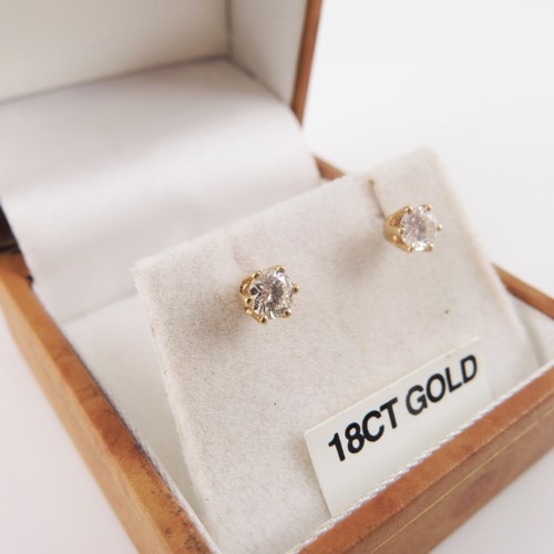 597 - PR. 18 ct GOLD DIAMOND SET EARRINGS, EACH DIAMOND APPROX. 15 pts AND HAVING A COMBINED WEIGHT OF APP... 