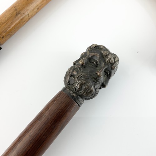 257 - A SILVER CAPPED AND COLLARED WALKING STICK, TOGETHER WITH A ROSEWOOD STICK WITH CAST METAL MASK FINI... 