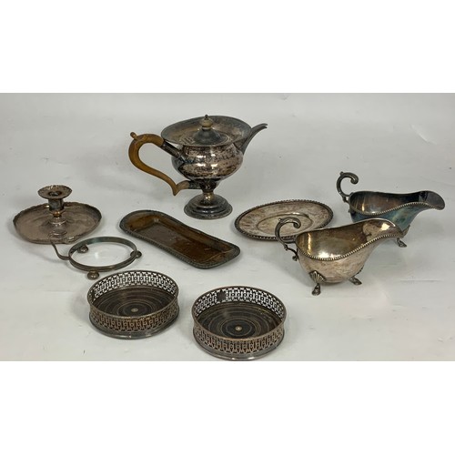 307 - MISC. PLATED WARE INC. TANKARDS, BOTTLE COASTER, TRAYS AND A LARGE AND IMPRESSIVE SILVER PLATED RECT... 