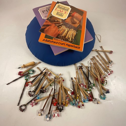 263 - QUANTITY OF MISC. LACE BOBBINS, LACE PILLOW , PRICKING OUT BOARD AND LACE MAKING BOOKS