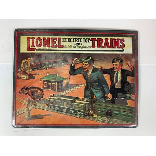 267 - TWO REPRO MODEL RAILWAY METAL ADVERTISING SIGNS 'LIONEL ELECTRIC TOY TRAINS'