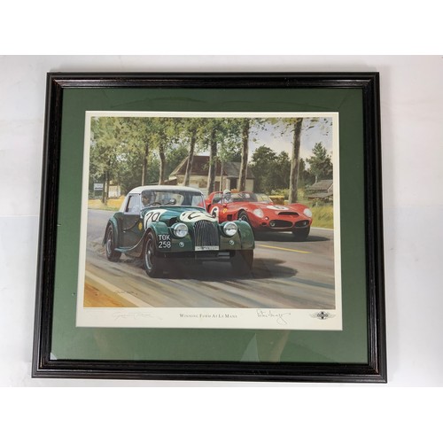 29 - WINNING FORM AT LE MANS, RACING MORGAN TOK258, A GRAHAM TURNER LIMITED EDITION PRINT SIGNED AND A CO... 