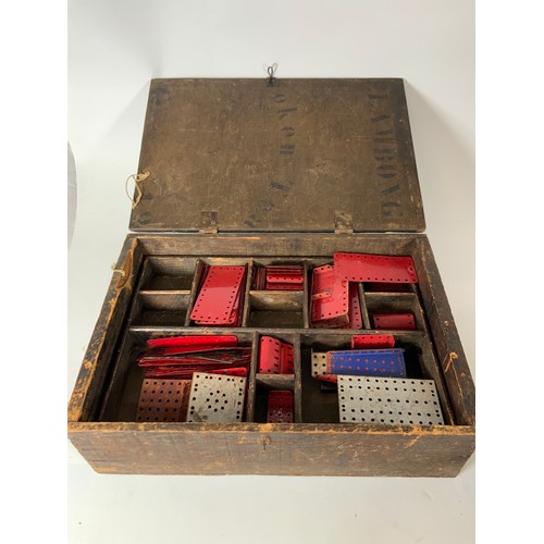 75 - MECCANO, A LARGE RED BOX, BLACK ‘TOOL’ BOX, TRAY & BOX OF MIXED MECCANO, WHEELS, STRAIGHTS, LATTICE ... 