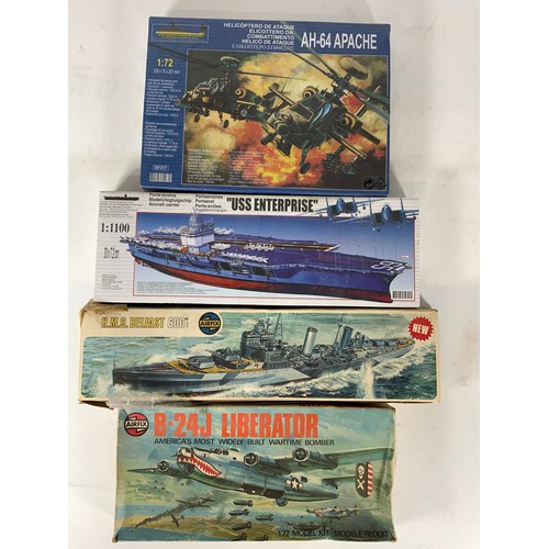 203 - AIRFIX KITS , B24 LIBERATOR, & HMS BELFAST, DF317 AH-64 APACHE HELICOPTER KIT UNOPENED, & 1:1100 USS... 