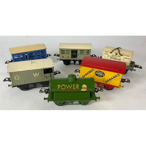 466 - HORNBY 0 GAUGE, 6 BOXED WAGONS, FYFFES BANANAS, POWER ETHYL WITH HAND, MILK TRAFFIC VAN, CATTLE VAN