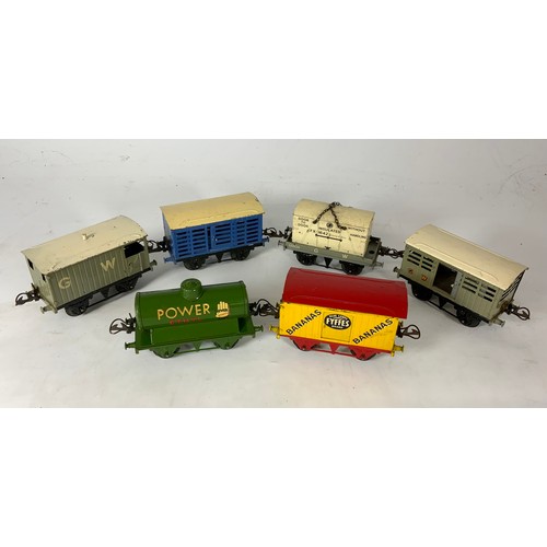 466 - HORNBY 0 GAUGE, 6 BOXED WAGONS, FYFFES BANANAS, POWER ETHYL WITH HAND, MILK TRAFFIC VAN, CATTLE VAN