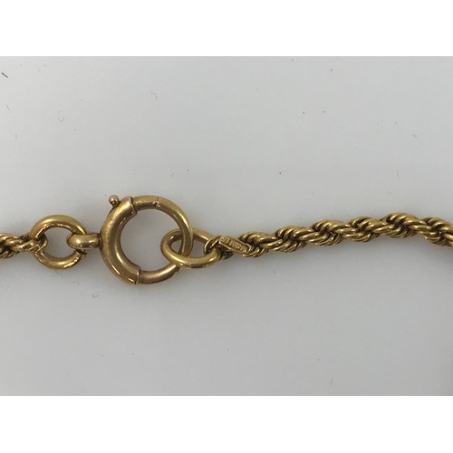 600 - GOLD COLOURED MUFF CHAIN, APPROX. 140 cm,  36.5g, INDISTINCTLY MARKED, POSSIBLY M&M 15 (NO ESTIMATE)