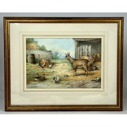 21 - CARL DONNER WATER COLOUR DEPICTING FARMYARD SCENE WITH ANIMALS, approx. 45 x 31 cm