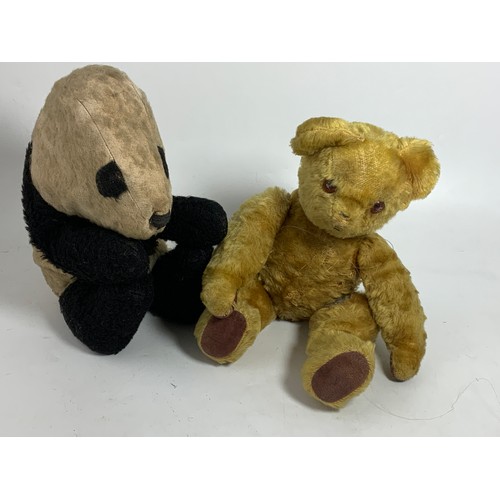 59 - VINTAGE TEDDY BEAR, CLOTH PAWS, HAS BELL IN EAR, ONE LEG IN NEED OF VETS ATTENTION, BLACK NOSE, PLUS... 