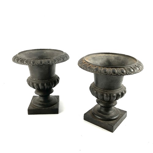 264 - PAIR OF SMALL CAST METAL PLANTERS, CAMPANA URN FORM ON SQUARE BASES,  26 CM TALL.