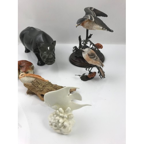 93 - ROYAL WORCESTER BIRD OF PREY WITH 2 ROYAL WORCESTER FISH MODELS  AND MODELS OF A FOX, RHINOCEROS ,BI... 