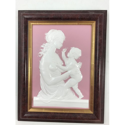 129 - ROYAL WORCESTER MOTHER & CHILD FRAMED PORCELAIN PLAQUE BY  ARNOLD MACHIN OBE RA