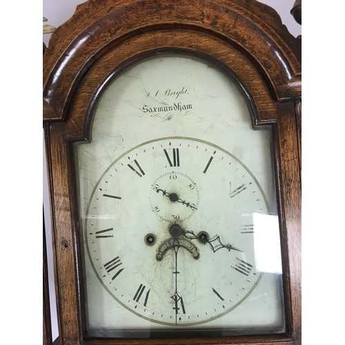 199 - OAK LONGCASE CLOCK HAVING PAINTED DIAL, EIGHT DAY MOVEMENT, DIAL SIGNED BRIGHT SAXMUNDHAM