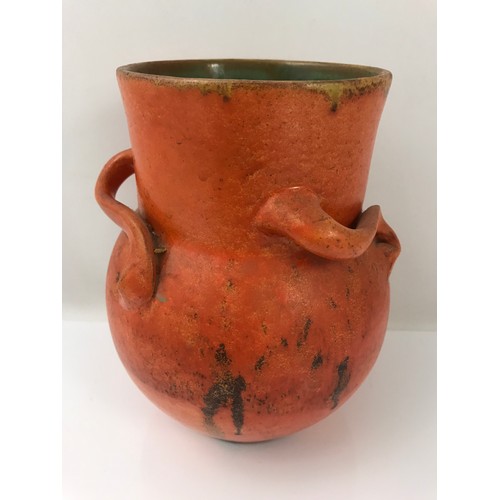 121 - ORANGE POTTERY THREE HANDLED VASE POSSIBLY T W LEMON, WESTON SUPER MARE WITH INCISED MARK TO BASE TO... 