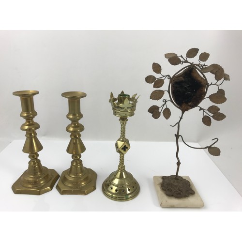 209 - TWO PAIRS OF BRASS CANDLESTICKS AND A WOODEN PAIR OF CANDLESTICKS TOGETHER WITH A BRASS HAT PIN STAN... 