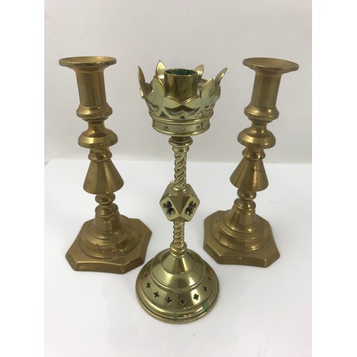 209 - TWO PAIRS OF BRASS CANDLESTICKS AND A WOODEN PAIR OF CANDLESTICKS TOGETHER WITH A BRASS HAT PIN STAN... 