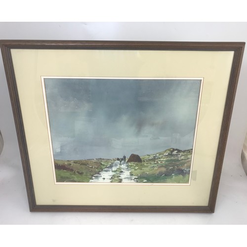 27 - WATERCOLOUR PAUL HOLMES DEPICTING PEAT CUTTER WITH DONKEY IN IRISH LANDSCAPE FRAME 68cm x 61cm