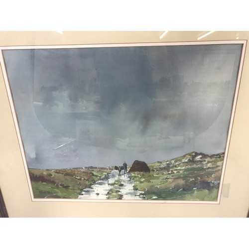 27 - WATERCOLOUR PAUL HOLMES DEPICTING PEAT CUTTER WITH DONKEY IN IRISH LANDSCAPE FRAME 68cm x 61cm