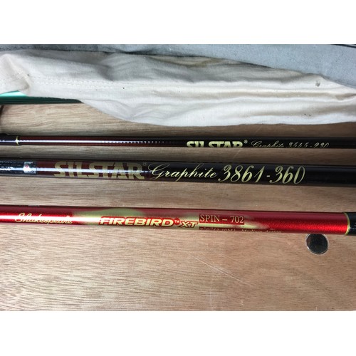 321 - FISHING EQUPMENT INC SILSTAR GRAPHITE & SHAKESPEARE RODS, KEEP NETS , TACKLE BOXES, UMBRELLA  ETC