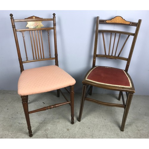 676 - TWO EDWARDIAN SINGLE BEDROOM CHAIRS, ONE WITH PAINTED VERNIS MARTIN STYLE BACK PANEL. (2)