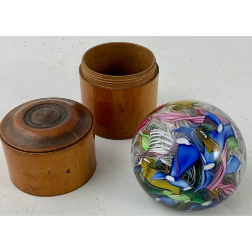 174 - CANED PAPER WEIGHT AND CYLINDRICAL TREEN BOX