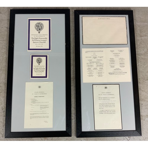 368 - TWO FRAMED DISPLAYS WITH EPHEMERA RELATING TO THE STATE FUNERAL OF SIR WINSTON CHURCHILL, CEREMONIAL... 