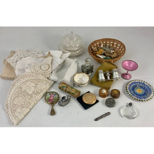 266 - MISC. ITEMS INC. OPERA GLASSES, SNUFF BOXES, GUILLOCHE ENAMELLED PEDESTAL DISH, NEEDLE CASE, LINEN A... 