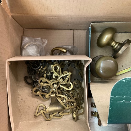 268 - VARIOUS DOOR FITTINGS, CLIPS, CAST BED LEGS, AND OLD LAMPS.