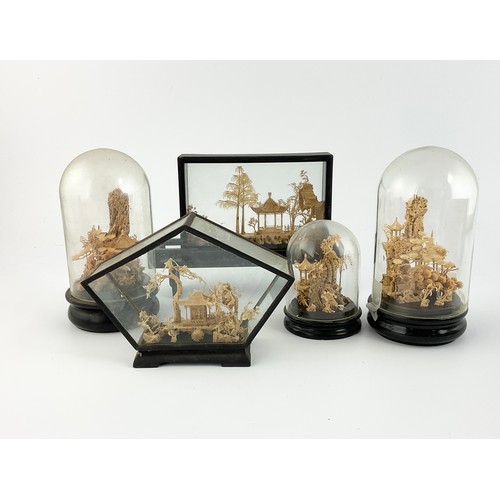 284 - 5 ORIENTAL STYLE CORK DIORAMAS , 3 IN DOOMED DISPLAY CASES (5)