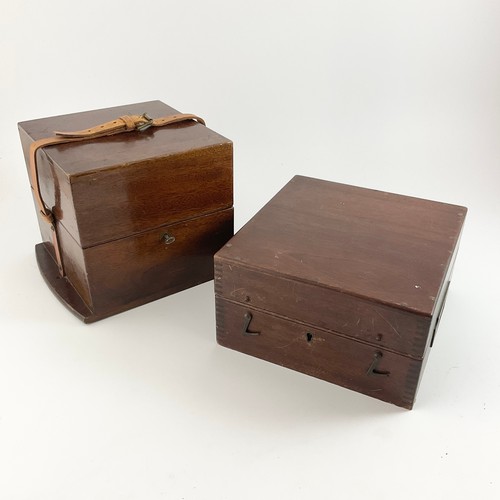 260 - TWO STAINED WOODEN SCIENTIFIC INSTRUMENT BOXES, BAIZE LINED, ONE WITH LEATHER FASTENING STRAP,  TALL... 