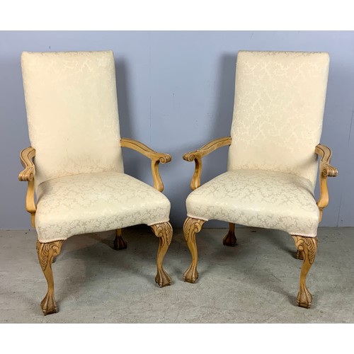 667 - PAIR OF HIGH BACK ELBOW CHAIRS, CABRIOLE LEGS, CARVED FEET