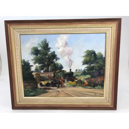 11 - ALAN KING OIL ‘BRANCH LINE HALT’ DEPICTING TRAIN AND VINTAGE CAR